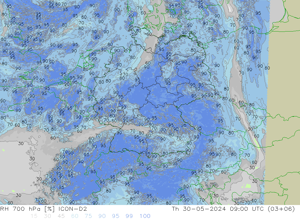 RH 700 hPa ICON-D2 Qui 30.05.2024 09 UTC