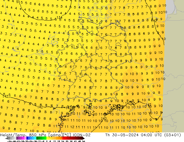 Height/Temp. 850 hPa ICON-D2  30.05.2024 04 UTC