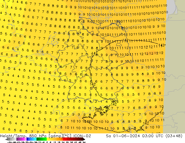 Height/Temp. 850 hPa ICON-D2 Sa 01.06.2024 03 UTC