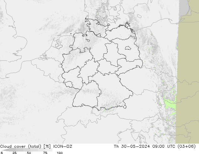 Nubes (total) ICON-D2 jue 30.05.2024 09 UTC