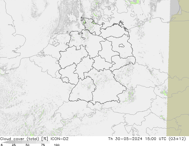 Cloud cover (total) ICON-D2 Th 30.05.2024 15 UTC