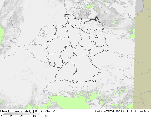 nuvens (total) ICON-D2 Sáb 01.06.2024 03 UTC