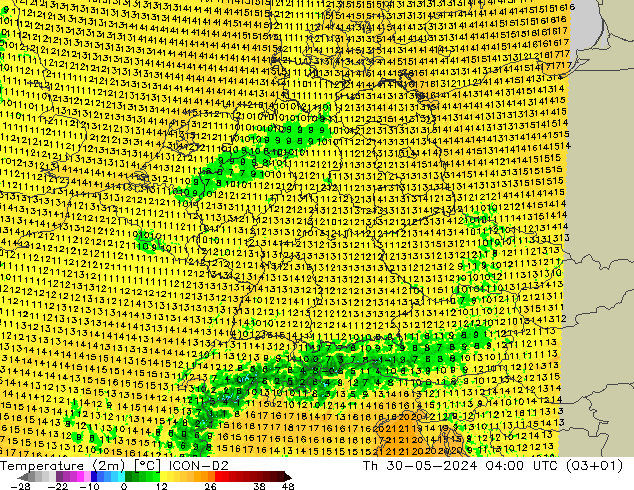 Temperature (2m) ICON-D2 Th 30.05.2024 04 UTC