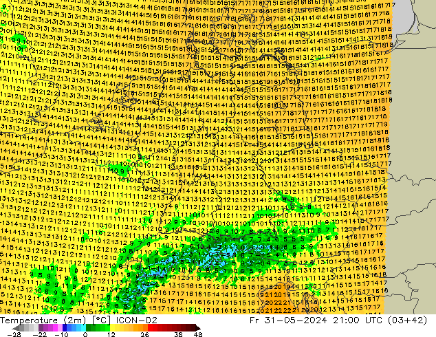 Temperatura (2m) ICON-D2 vie 31.05.2024 21 UTC