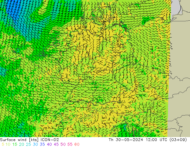 Viento 10 m ICON-D2 jue 30.05.2024 12 UTC