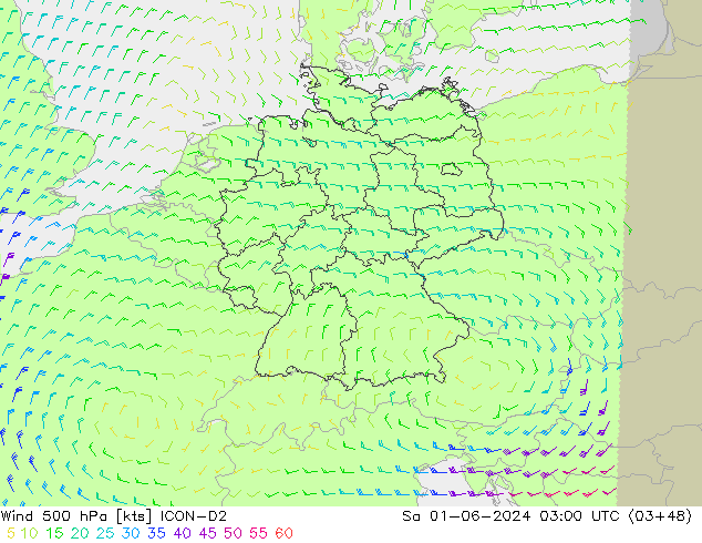 Vento 500 hPa ICON-D2 sab 01.06.2024 03 UTC