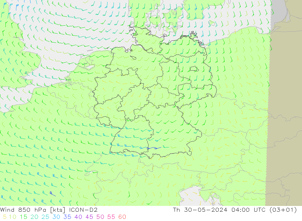 风 850 hPa ICON-D2 星期四 30.05.2024 04 UTC