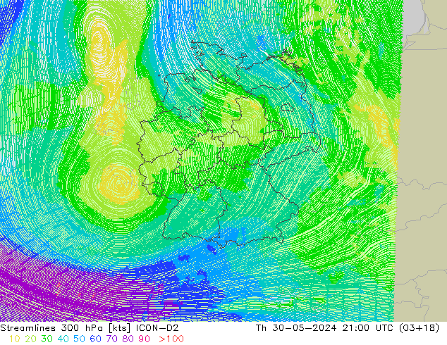 ветер 300 гПа ICON-D2 чт 30.05.2024 21 UTC