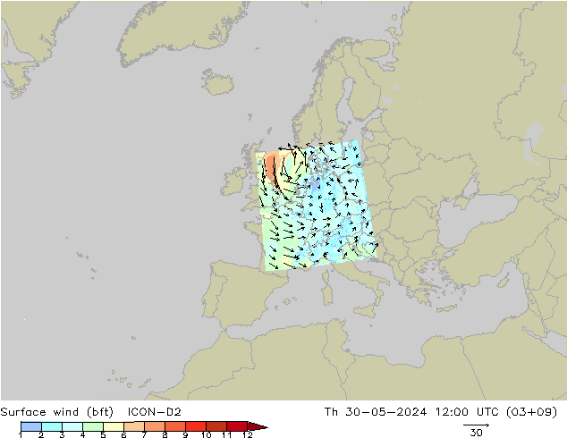 Surface wind (bft) ICON-D2 Čt 30.05.2024 12 UTC