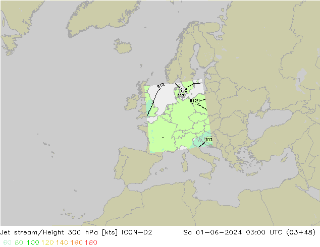 Jet stream/Height 300 hPa ICON-D2 Sa 01.06.2024 03 UTC