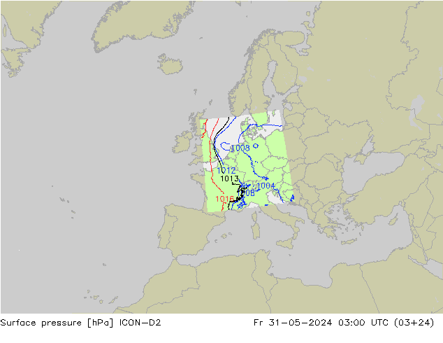 Atmosférický tlak ICON-D2 Pá 31.05.2024 03 UTC