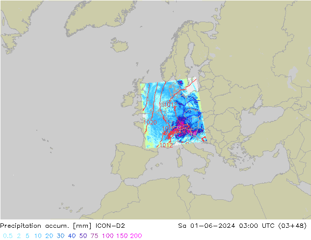 Precipitation accum. ICON-D2 Sáb 01.06.2024 03 UTC