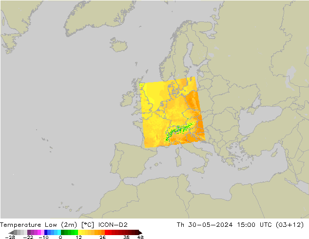 Temperatura mín. (2m) ICON-D2 jue 30.05.2024 15 UTC