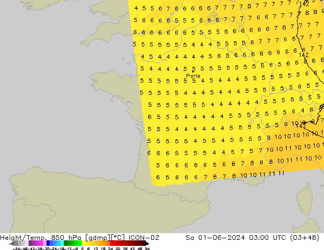 Hoogte/Temp. 850 hPa ICON-D2 za 01.06.2024 03 UTC