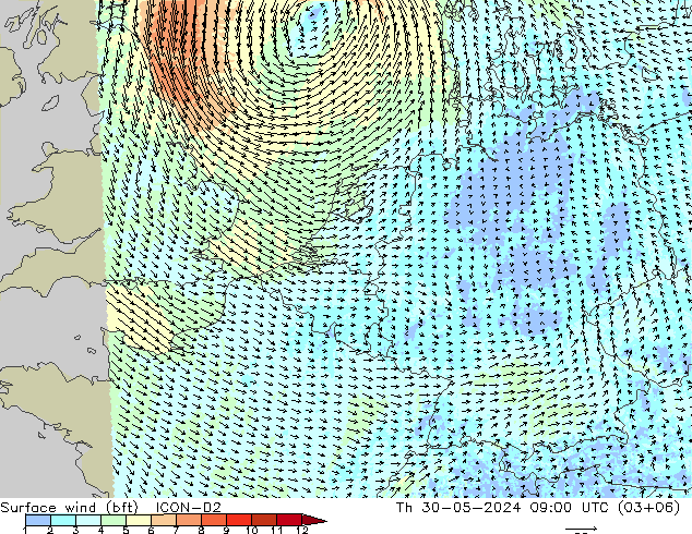 Bodenwind (bft) ICON-D2 Do 30.05.2024 09 UTC