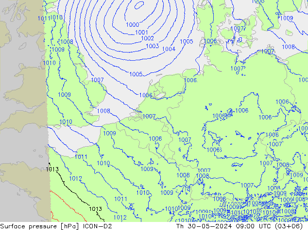 Atmosférický tlak ICON-D2 Čt 30.05.2024 09 UTC