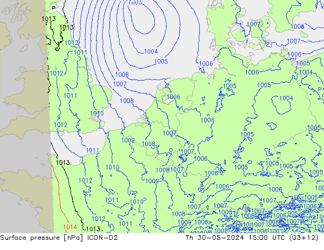 Atmosférický tlak ICON-D2 Čt 30.05.2024 15 UTC