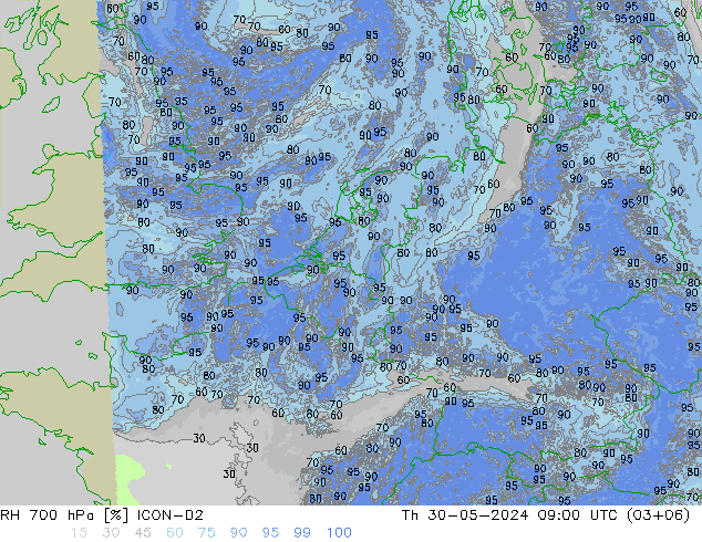 RH 700 hPa ICON-D2 czw. 30.05.2024 09 UTC