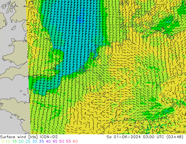 Vento 10 m ICON-D2 sab 01.06.2024 03 UTC