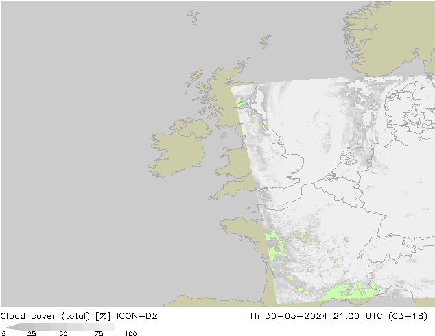Cloud cover (total) ICON-D2 Čt 30.05.2024 21 UTC