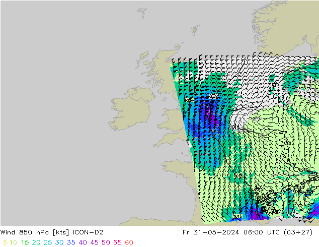 Rüzgar 850 hPa ICON-D2 Cu 31.05.2024 06 UTC