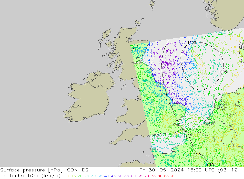 Isotachs (kph) ICON-D2 Th 30.05.2024 15 UTC