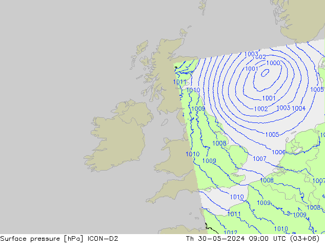 Surface pressure ICON-D2 Th 30.05.2024 09 UTC