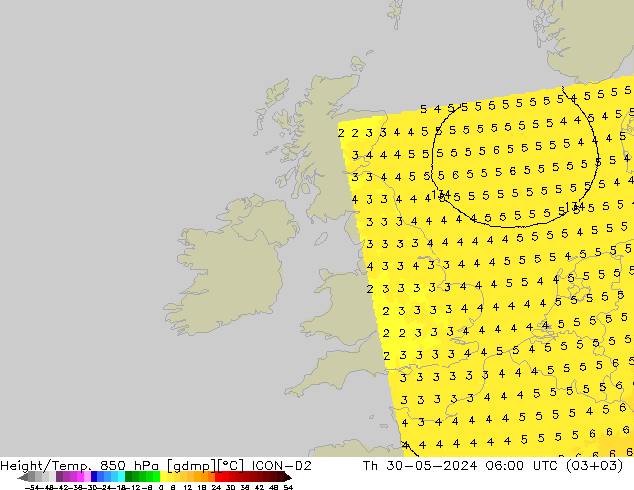 Hoogte/Temp. 850 hPa ICON-D2 do 30.05.2024 06 UTC