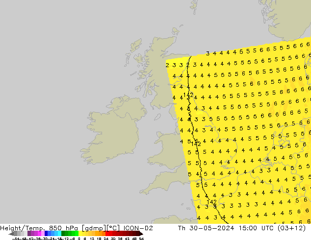 Height/Temp. 850 hPa ICON-D2 Th 30.05.2024 15 UTC