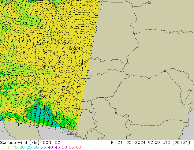 Rüzgar 10 m ICON-D2 Cu 31.05.2024 03 UTC