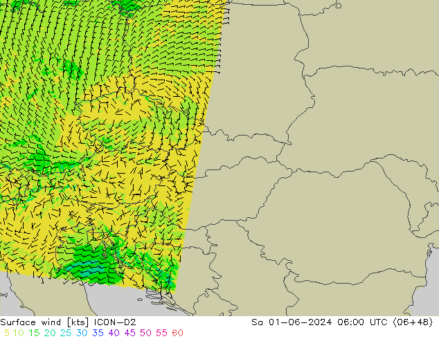 Wind 10 m ICON-D2 za 01.06.2024 06 UTC