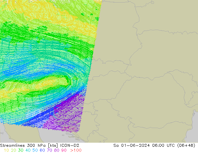 Stroomlijn 300 hPa ICON-D2 za 01.06.2024 06 UTC