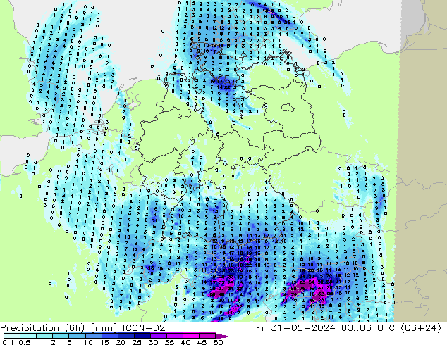 Precipitation (6h) ICON-D2 Fr 31.05.2024 06 UTC