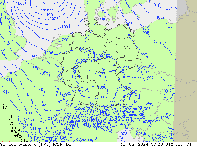 Surface pressure ICON-D2 Th 30.05.2024 07 UTC