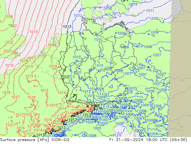 Atmosférický tlak ICON-D2 Pá 31.05.2024 18 UTC