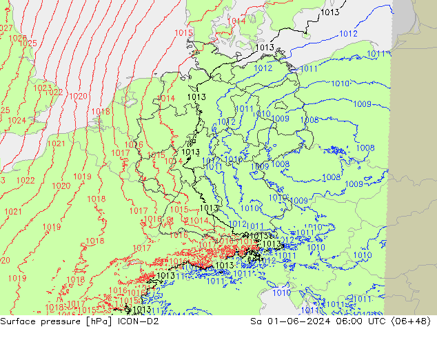 Surface pressure ICON-D2 Sa 01.06.2024 06 UTC