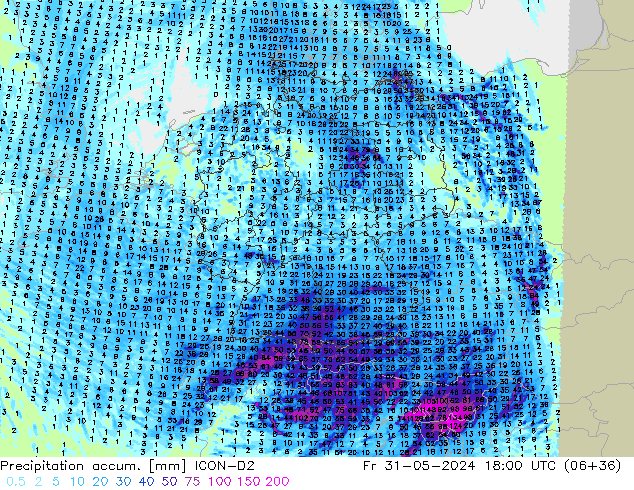 Precipitación acum. ICON-D2 vie 31.05.2024 18 UTC