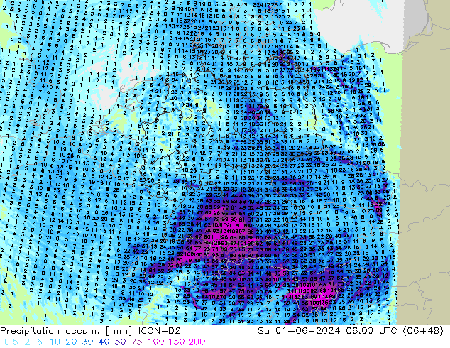 Precipitation accum. ICON-D2 sab 01.06.2024 06 UTC