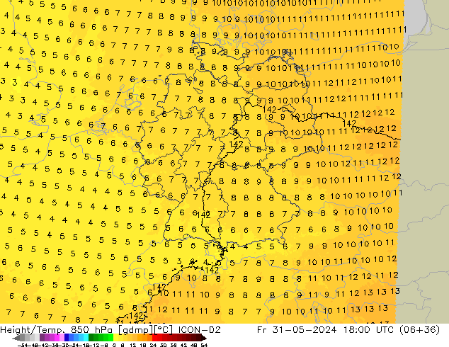 Hoogte/Temp. 850 hPa ICON-D2 vr 31.05.2024 18 UTC