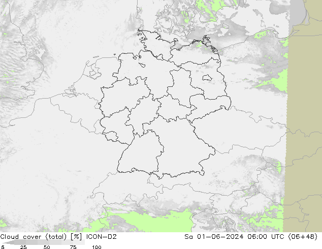 Cloud cover (total) ICON-D2 Sa 01.06.2024 06 UTC
