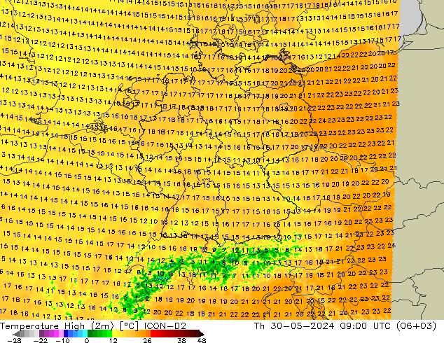Nejvyšší teplota (2m) ICON-D2 Čt 30.05.2024 09 UTC