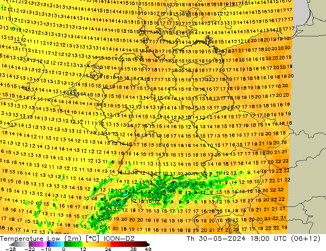 Temperature Low (2m) ICON-D2 Th 30.05.2024 18 UTC