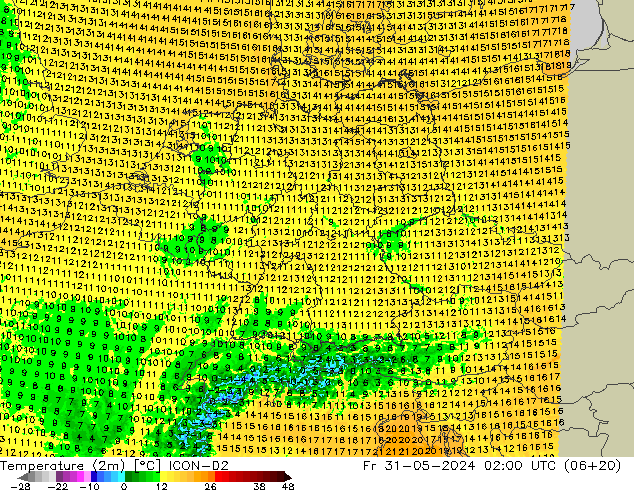 mapa temperatury (2m) ICON-D2 pt. 31.05.2024 02 UTC