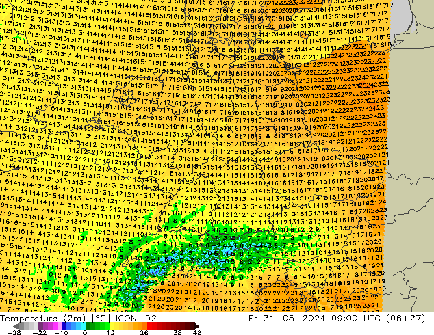 Temperaturkarte (2m) ICON-D2 Fr 31.05.2024 09 UTC