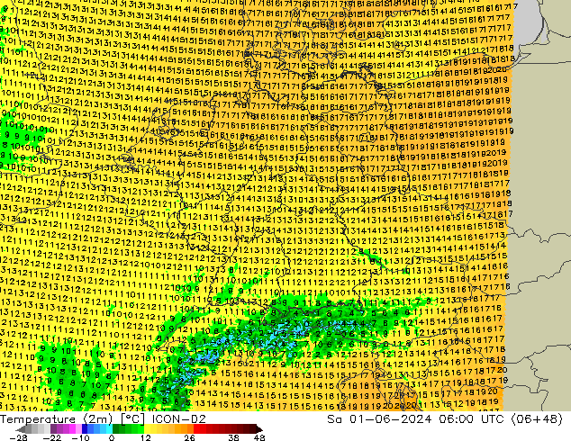 Temperature (2m) ICON-D2 Sa 01.06.2024 06 UTC