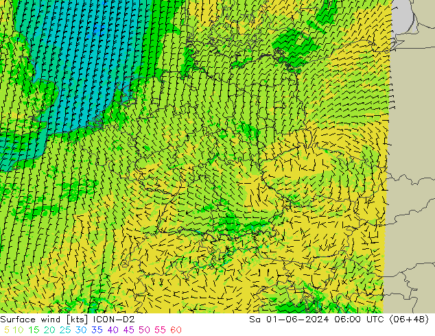 Rüzgar 10 m ICON-D2 Cts 01.06.2024 06 UTC