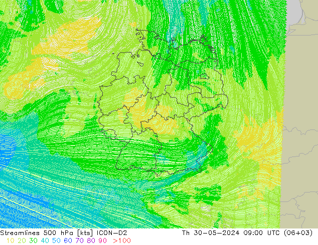 Streamlines 500 hPa ICON-D2 Čt 30.05.2024 09 UTC