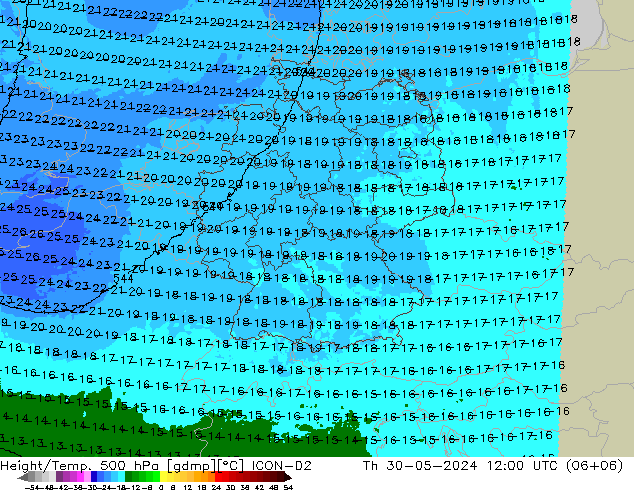 Height/Temp. 500 hPa ICON-D2 Do 30.05.2024 12 UTC