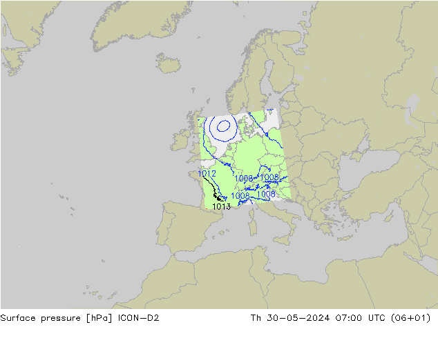 Presión superficial ICON-D2 jue 30.05.2024 07 UTC