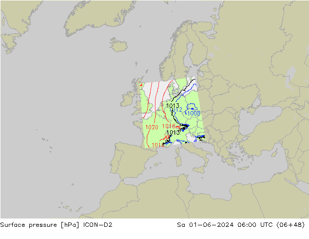 Presión superficial ICON-D2 sáb 01.06.2024 06 UTC